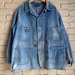 L XL, Vintage 1970s Osh Kosh Workwear Denim Chore Jacket, Four Pocket, Cotton