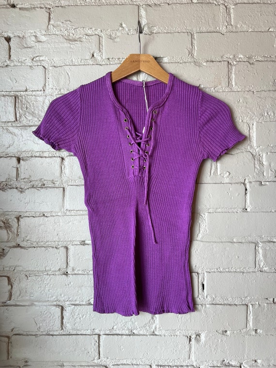 Sm, 1970s Purple Lace Up Short Sleeve Shirt, Cute,