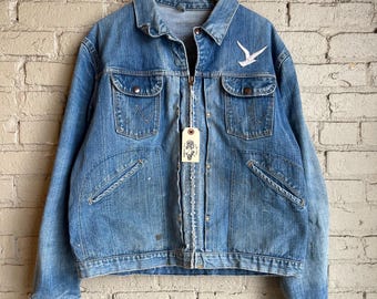Vintage Wrangler Denim Jacket 1960s 60s 24 MJZ Faded Patched