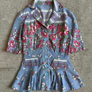 XS SM, 1940s Floral Printed Button Down Peplum Blouse, Womens - E