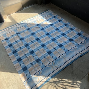 Vintage 1940s Blue and Cream Double Sided / Reversible Cotton Camp Blanket, 73 x 68, Beacon style