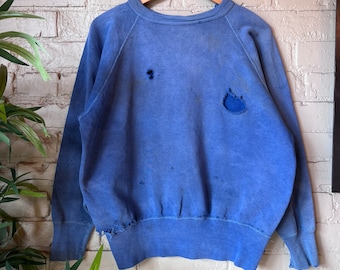 L, 1950s Thrashed Blue Cotton Sweatshirt, As Is