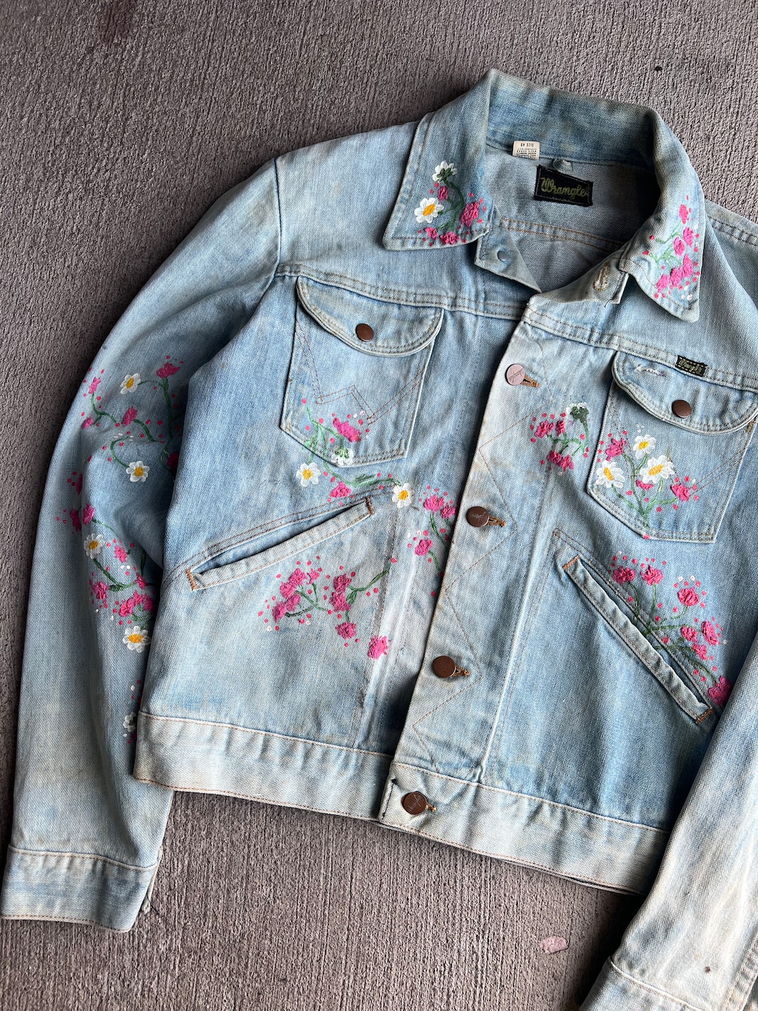 M L, 1970s Wrangler Flower Art Denim Jacket, Western, Hippie