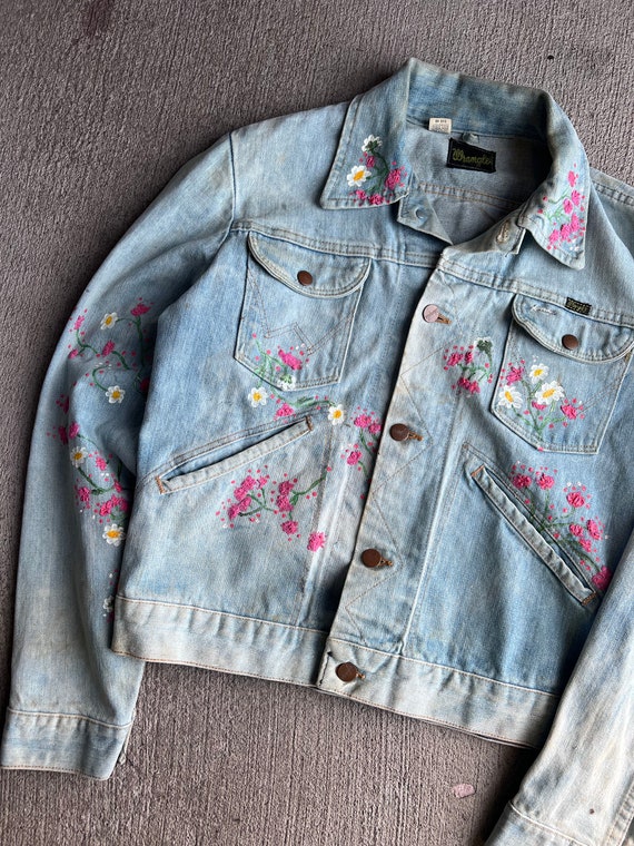 M L, 1970s Wrangler Flower Art Denim Jacket, Western, Hippie