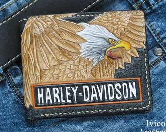 Portafoglio in pelle Harley Davidson, portafoglio in pelle lavorato a mano, portafoglio in pelle moto, portafoglio Eagle, portafoglio Bifold, portafoglio da uomo