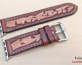 Hand Tooled Apple Watch Band,  Leather Watch Strap, Floral Watch Strap, Apple Strap, Western Watch Band