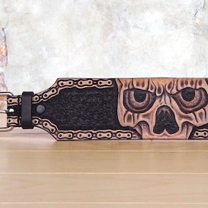 Hand tooled leather cuff bracelet, Skull cuff bracelet, Men bracelet, Biker leather cuff bracelet, Rocker cuff bracelet, Black cuff bracelet