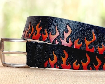 Hand tooled leather belt, Flames leather belt, Custom size leather belt, Biker Leather Belt, Rocker leather Belt, Motorcycle leather belt