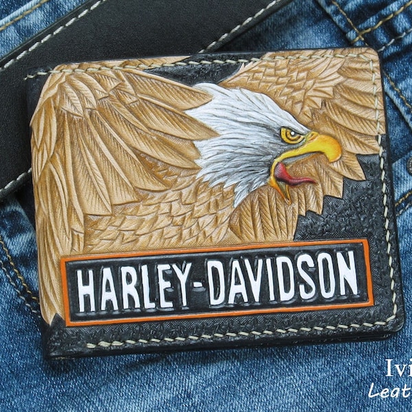 Harley Davidson leather wallet, Hand tooled leather wallet, Motorcycle leather wallet, Eagle wallet, Bifold wallet, Men's wallet