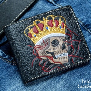 Hand tooled leather wallet. Leather skull wallet. Hand carved leather wallet. King skull leather wallet. Men&#39;s wallet. Skeleton wallet