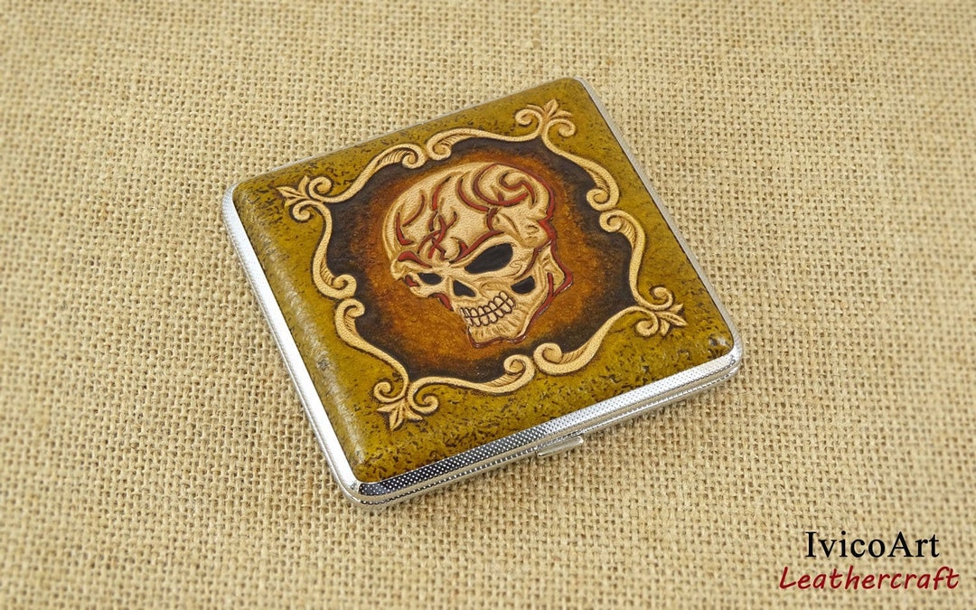 Leather Cigarette Case, Hand Tooled Leather, Skull Cigarette Case