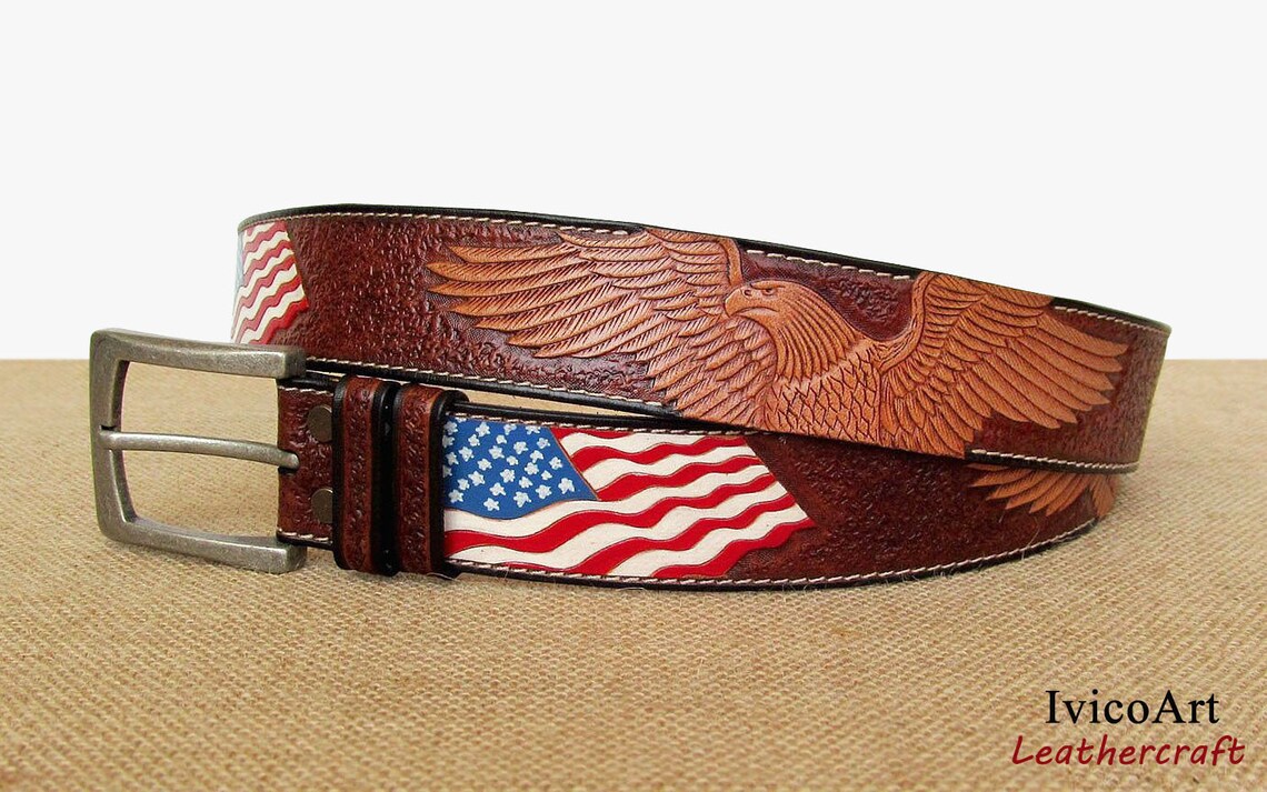 Leather belt with USA flag Hand tooled leather belt Eagle Etsy