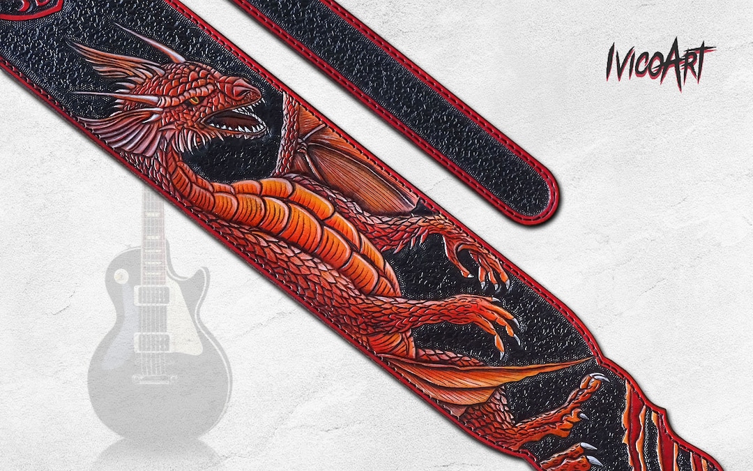 Leather Guitar Strap 3 Hand Tooled Dragon Guitar Strap Etsy