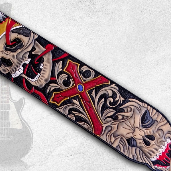 Hand Tooled Leather Guitar Strap, Skull Guitar Strap, 3" Guitar Strap, Bass Guitar Strap, Electric Guitar Strap, Heavy Metal Guitar Straps