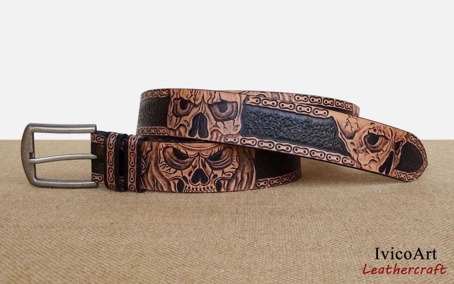 Skull leather belt Hand tooled leather belt Custom size Etsy