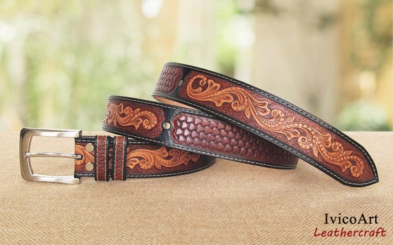 Hand Tooled Leather Belt, Custom Size Leather Belt, Handcrafted