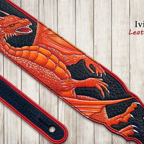 Leather Guitar Strap 3" Hand Tooled, Dragon Guitar Strap, Bass Guitar Strap, Electric Guitar Strap, Celtic Guitar Strap, Viking Guitar Strap