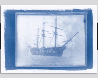 Three Rare photographs of War Ship HMS  Foudroyant (1798) printed with Cyanotype