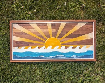 Holzbild Woodart Holzmosaik Echtholz Kunst Holzkunst Wandbild Wandkunst Holz Geometrisch Boho Modern Holz decoration Wellen Meer Sonne