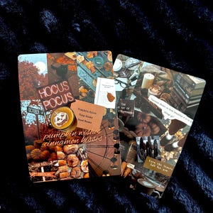 May include: Two rectangular collage prints featuring autumn-themed imagery including pumpkins, coffee, books, and fall foliage. Text overlays include Hocus Pocus, Pumpkin Spice, Cozy Socks, Good Books, pumpkin wishes cinnamon kisses, The Art of Happiness, Autumn shows us how beautiful it is to let things go, and Even the leaves fall for you.