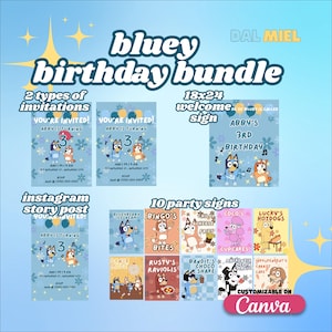 Adorable Blue Bluey Birthday Party Bundle - Printable Canva Editable Signs and Invitations for Kids&#39; Instagram-Worthy Celebration, Digital