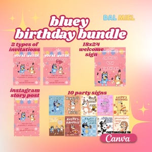 Adorable Pink Bluey Birthday Party Bundle - Printable Canva Editable Signs and Invitations for Kids&#39; Instagram-Worthy Celebration, Digital