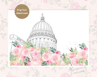 St Paul's Cathedral Printable, London Wall Art, Floral Architecture Illustration (A4 Digital Download)