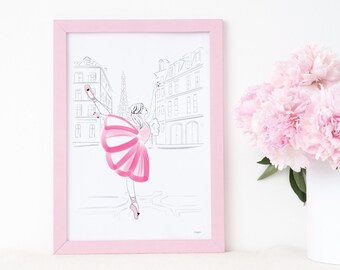 Ballerina in Paris illustration, Ballet painting, Pink tutu, Classic dance, Ballerina gift, Printable wall art, Instant digital download