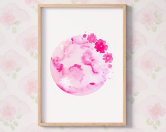 Watercolor Pink Moon Print, Celestial Wall Art, Floral Moon Illustration (A4 Paper)