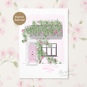 May include: A digital illustration of a building facade featuring a light pink door, a black-framed window, and a balcony covered in green vines with pink roses. A brown circular badge with the text Digital download is in the upper left corner.