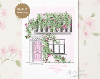 London House Printable, Belgravia Wall Art, Pink Door Illustration (A4 Digital Download)
