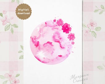 Watercolor Pink Moon Printable, Celestial Wall Art, Floral Moon Poster (A4 Digital Download)