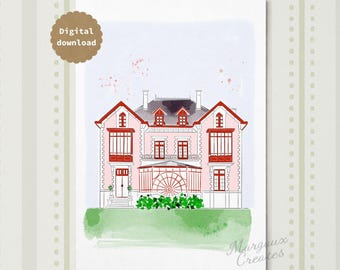 Villa Les Rhumbs Granville para imprimir, arte mural de Normandía, ilustración de la costa francesa (descarga digital A4)