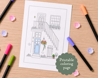 London Mews Coloring Page, Architecture Illustration, Outline Drawing (A4 Digital Download)