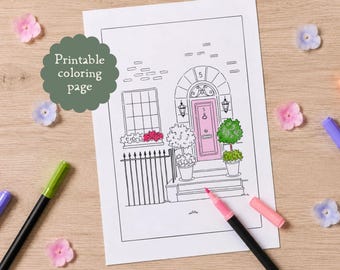 Notting Hill Door Coloring Page, London Architecture Illustration, Outline Drawing (A4 Digital Download)