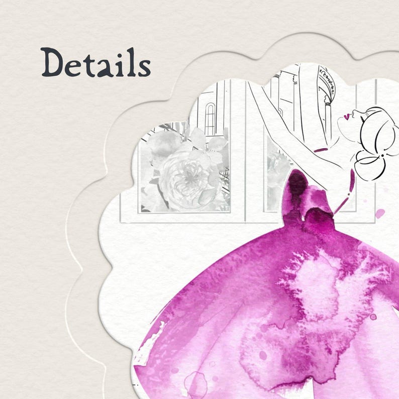 May include: A watercolour illustration of a woman in a magenta dress, with the word "Details" in the upper left corner. The background shows a window with a floral design and architectural elements, within a decorative frame.