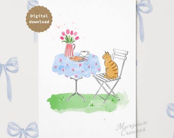 Cosy Garden Cat & Tulips Printable, Cottagecore Wall Art, Pet Illustration (A4 Digital Download)