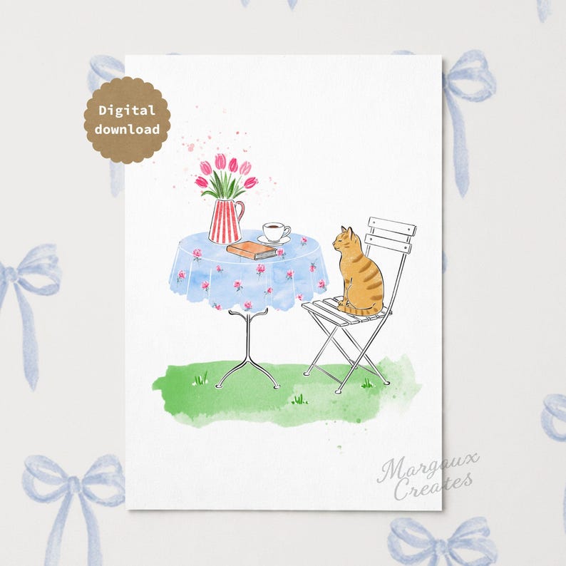 May include: A watercolor illustration featuring a ginger tabby cat sitting on a white metal chair next to a round table with a blue floral tablecloth. On the table sits a red and white striped pitcher with pink tulips, a book, and a teacup.