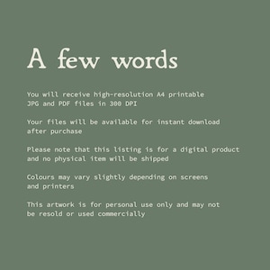 Może przedstawiać: Cyfrowe dzieło sztuki na stonowanym zielonym tle z napisem &bdquo;A few words&rdquo;. Poniższy tekst wyjaśnia, że grafika jest plikiem JPG i PDF do druku w formacie A4 w wysokiej rozdzielczości, dostępnym do natychmiastowego pobrania po zakupie. Kolory mogą się r&oacute;żnić.