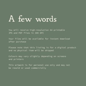 Pu&ograve; includere: Un'opera d'arte digitale su sfondo verde tenue con la scritta "A few words". Il testo sottostante spiega che l'opera &egrave; un file JPG e PDF stampabile A4 ad alta risoluzione disponibile per il download immediato dopo l'acquisto. I colori possono variare.