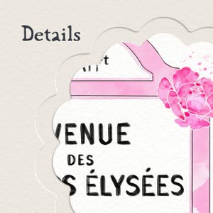 Może przedstawiać: Dekoracyjny nadruk z tekstem "Details" i "VENUE DES S &Eacute;LYS&Eacute;ES" w czarnym kolorze. Projekt zawiera r&oacute;żową ilustrację kwiatową i r&oacute;żowe akcenty akwarelowe. Nadruk ma falisty brzeg i jasnobeżowe tło.