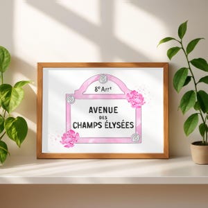 Może przedstawiać: Oprawiony wydruk z r&oacute;żowym i białym projektem znaku ulicznego. Znak głosi "AVENUE DES CHAMPS &Eacute;LYS&Eacute;ES" z "8e Arr" na g&oacute;rze. R&oacute;żowe kwiatowe akcenty zdobią rogi. Rama jest drewniana.