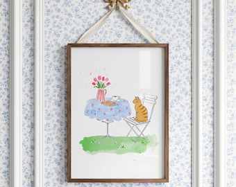 Ginger Cat & Tulips Art Print, Cottagecore Wall Art, Pet Illustration (A4 Paper)