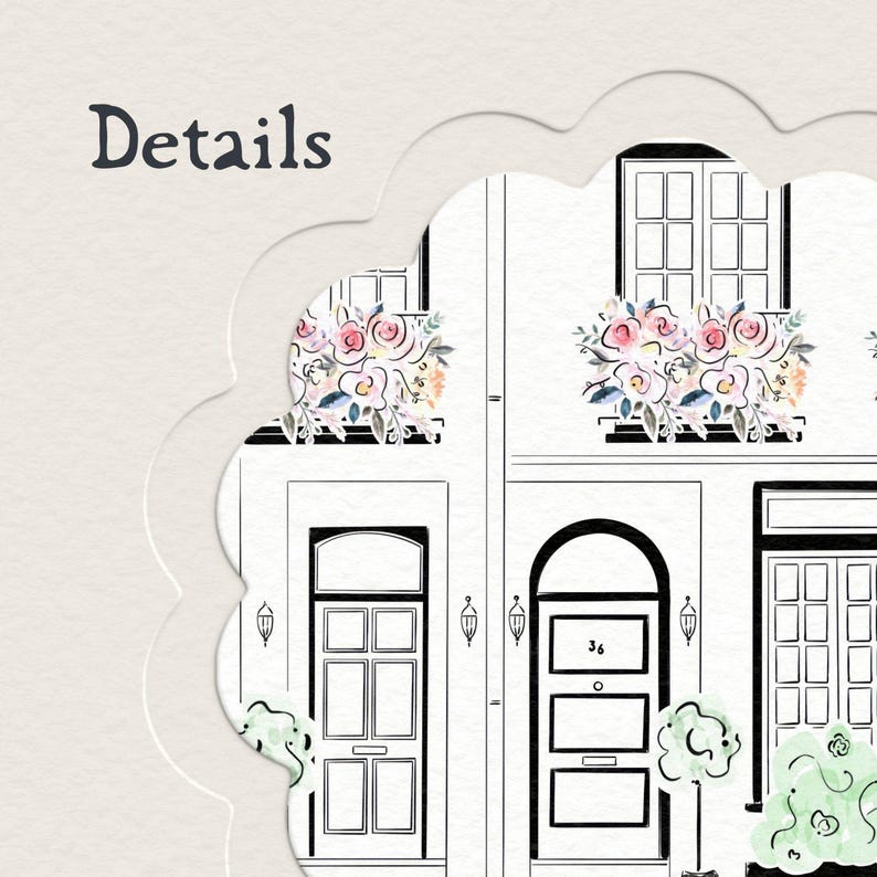 Pu&ograve; includere: Un cartoncino bianco con la scritta Details in blu scuro. Il cartoncino presenta un ritaglio smerlato che rivela un disegno a linee bianche e nere di case a schiera con finestre, porte e fioriere piene di fiori ad acquerello rosa e blu.