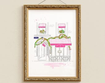 Paris Café Art Print, restaurantmuurkunst, illustratie bistro Saint Dominique (A4-papier)