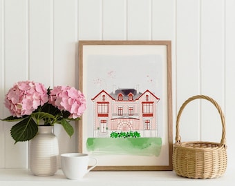 Villa Les Rhumbs Granville Art Print, Normandische muurkunst, illustratie Franse kust (A4-papier)
