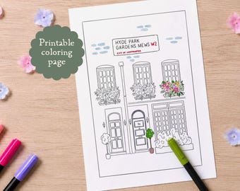 Hyde Park Gardens Mews Coloring Page, London Architecture Illustration, Outline Drawing (A4 Digital Download)