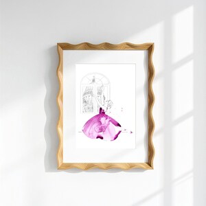 May include: A framed watercolour print featuring a dancer in a magenta dress. The artwork is set within a light wood frame with a wavy edge. The dancer is positioned in front of a window with an architectural drawing.