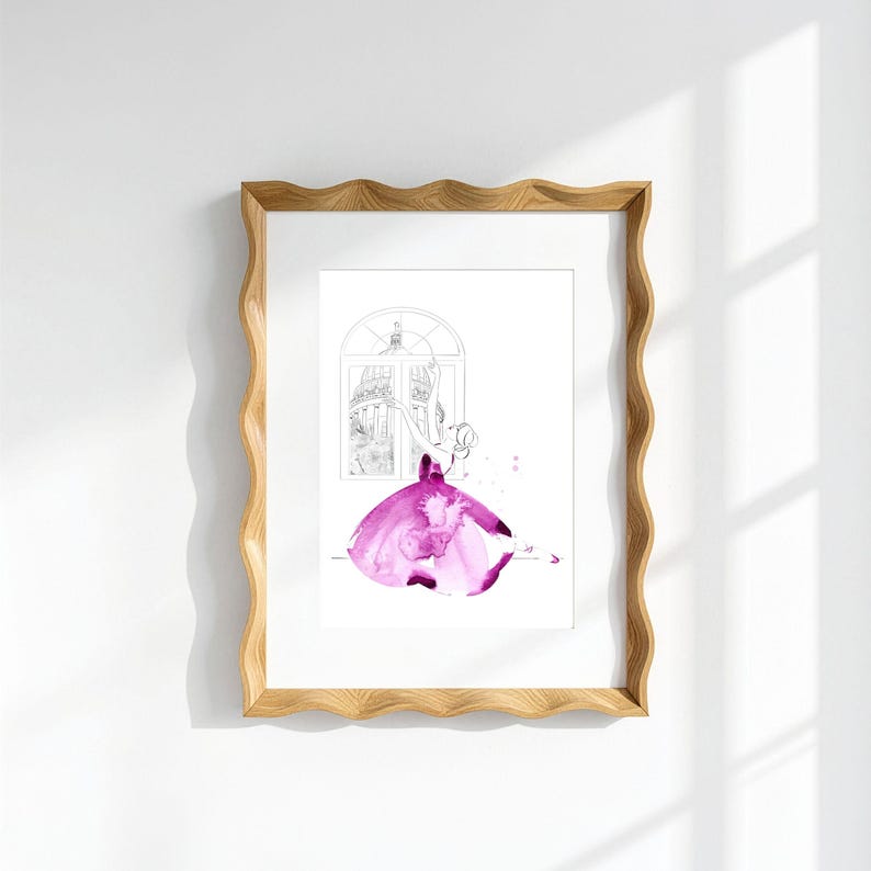 May include: A framed watercolour print featuring a dancer in a magenta dress. The artwork is set within a light wood frame with a wavy edge. The dancer is positioned in front of a window with an architectural drawing.