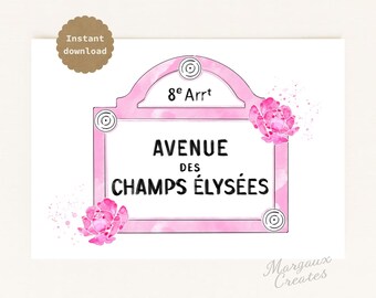 Afdrukbare Champs-Élysées, kunst aan de muur Parijs, illustratie straatnaambord Parijs (digitale download A4)